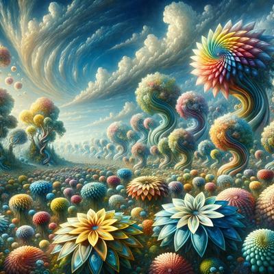 The primary subject of the image is a field filled with colorful flowers, including a variety of different types and sizes. The setting is a lush, vibrant garden with a cloudy sky in the background. The visual style is a digital art or illustration, showcasing the artist's creativity and attention to detail. The colors and mood of the image are bright, cheerful, and lively, with the flowers and sky creating a sense of serenity and beauty.